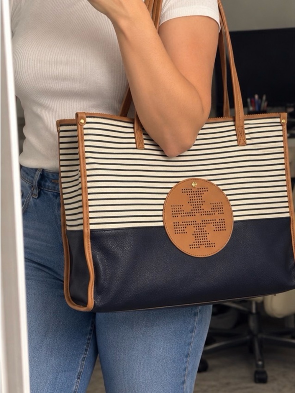 Tory Burch Navy Cream Striped Large Tote Bag Tan Leather Trim Logo